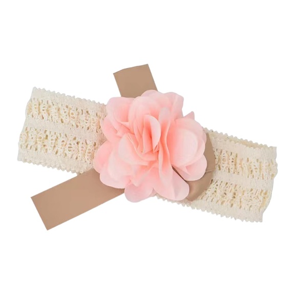 Lace Headband with Tan Tie and Pink Flower - Picture 5 of 7